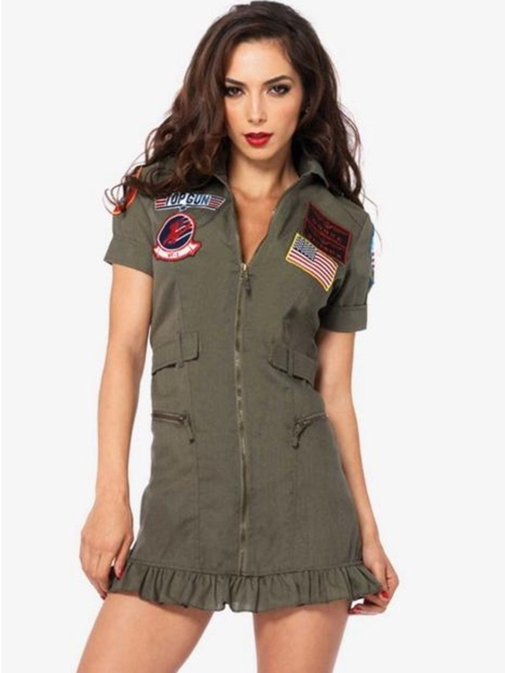 Leg Avenue Top Gun Halloween Olive Green Utility Patch Zip-Front Dress 3X 4X